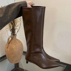 Female Designer Slip On Pointed Toe Low Heel Knee High Boots
