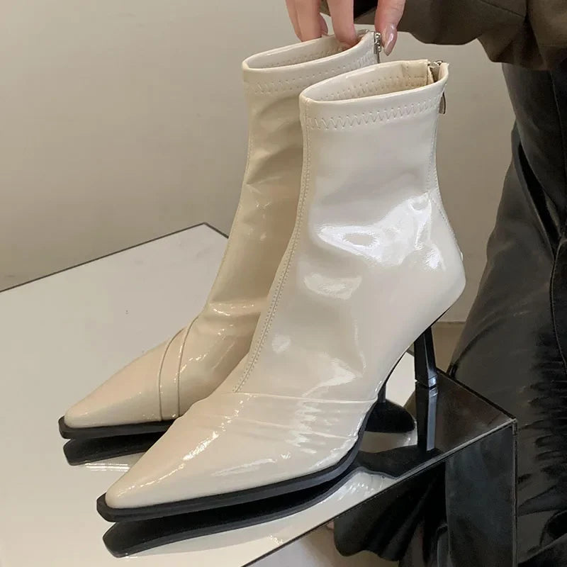 Pointed Toe Thin Heel Elastic Stretch Zippered Ankle Boot