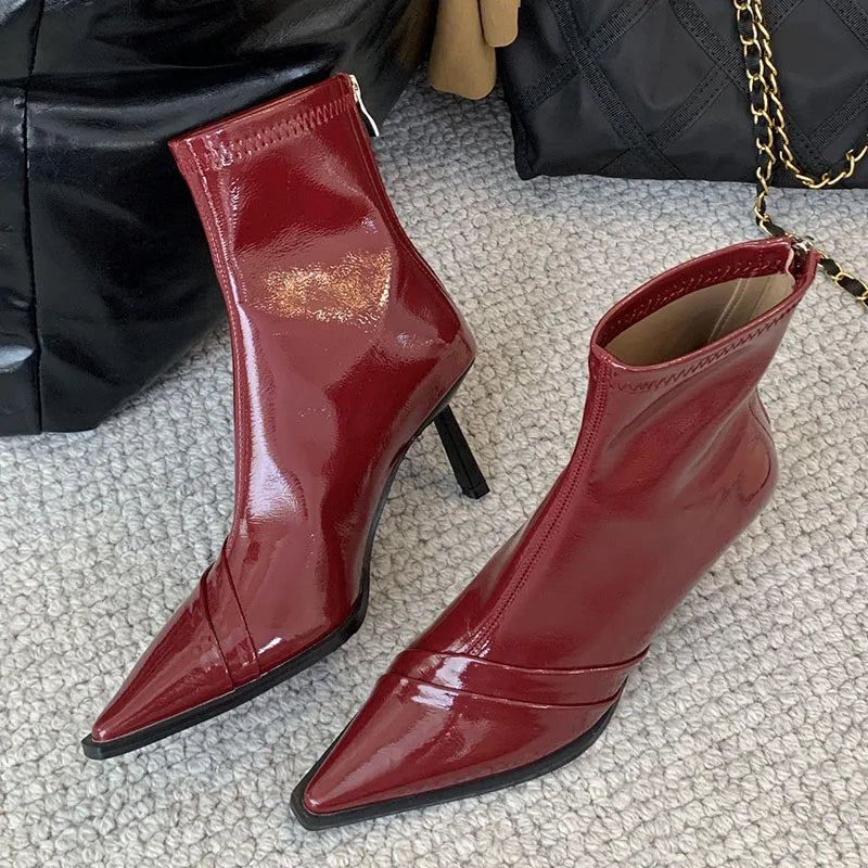 Pointed Toe Thin Heel Elastic Stretch Zippered Ankle Boot