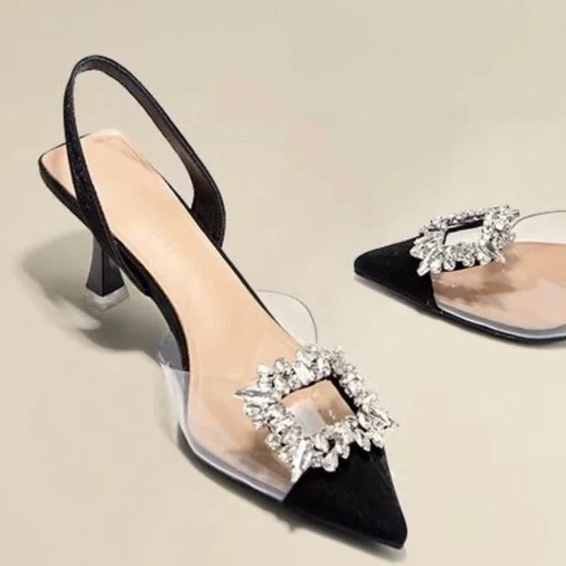 Ankle-wrap Pointed Toe Solid Shiny Diamond Noble Low Heel Pumps