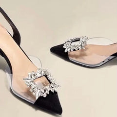 Ankle-wrap Pointed Toe Solid Shiny Diamond Noble Low Heel Pumps