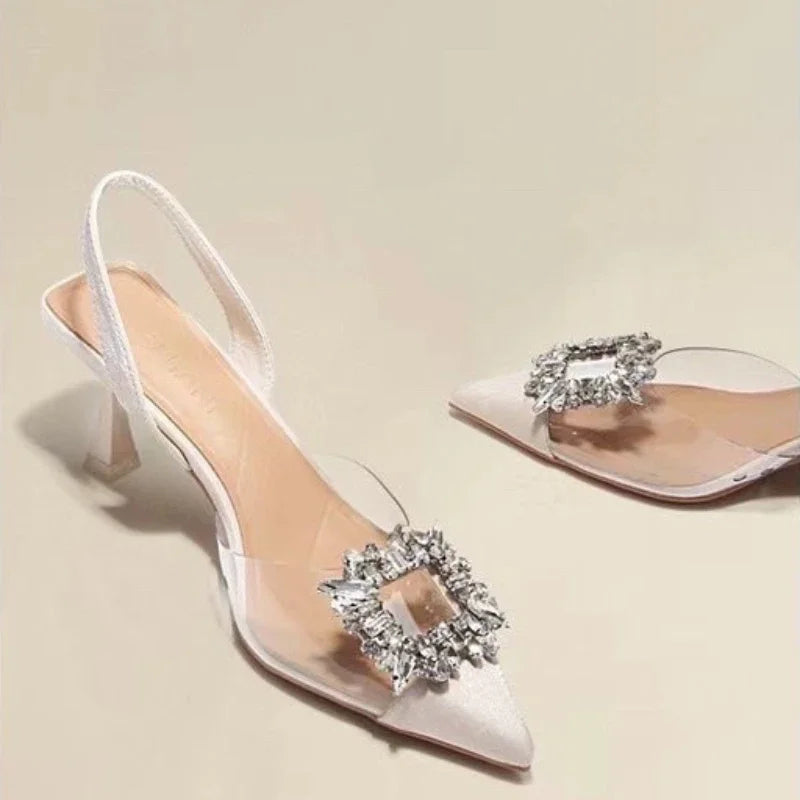 Ankle-wrap Pointed Toe Solid Shiny Diamond Noble Low Heel Pumps