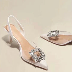 Ankle-wrap Pointed Toe Solid Shiny Diamond Noble Low Heel Pumps
