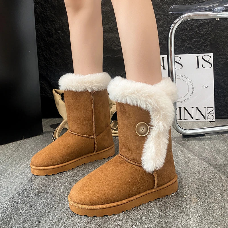 Female Shoes on Sale Warm Women's Mid-calf Boots Casual and Versatile Plush Cotton Boots Botas De Mujer