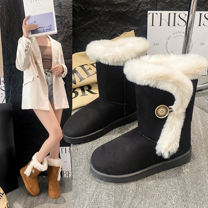 Female Shoes on Sale Warm Women's Mid-calf Boots Casual and Versatile Plush Cotton Boots Botas De Mujer