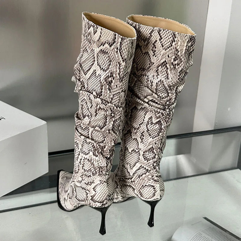 Female Slip On Pleated Modern Pointed Toe Thin Heels Autumn Knee High Boots