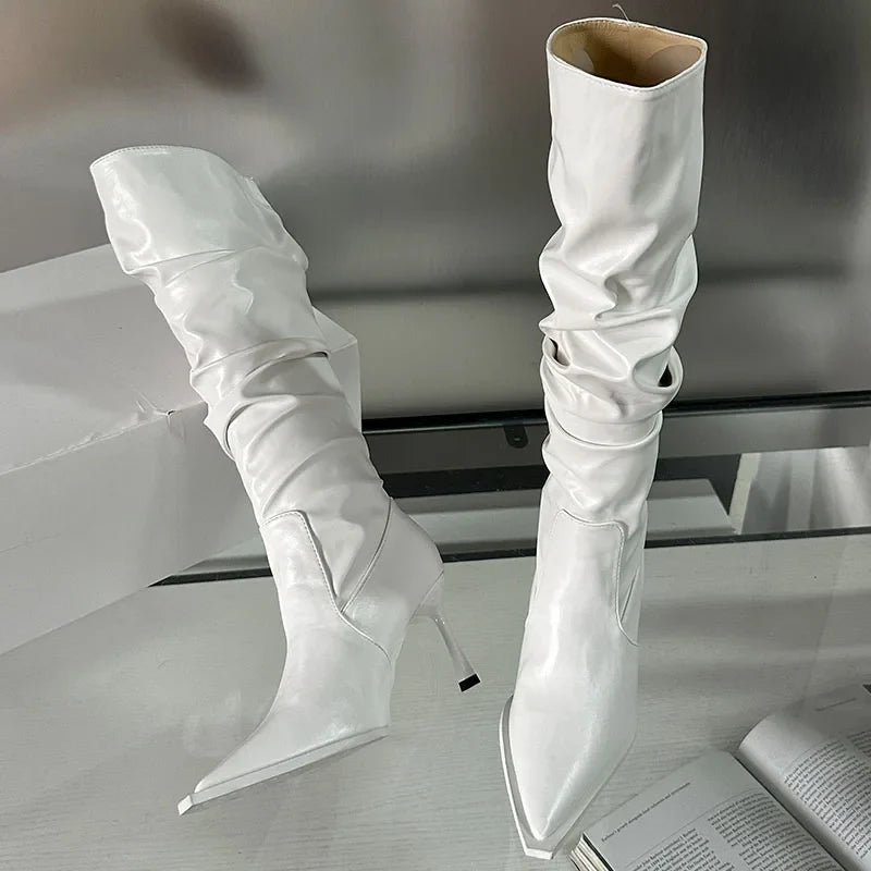 Female Slip On Pleated Modern Pointed Toe Thin Heels Autumn Knee High Boots