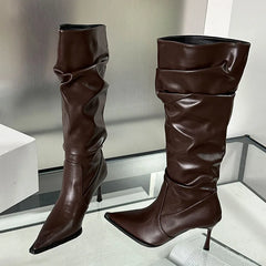 Female Slip On Pleated Modern Pointed Toe Thin Heels Autumn Knee High Boots