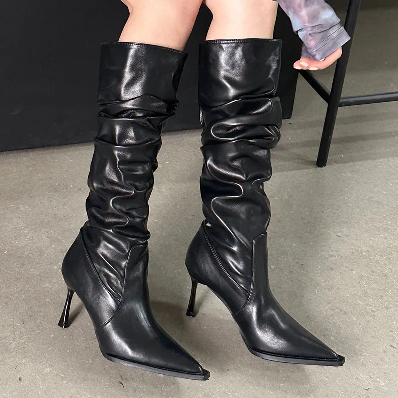 Female Slip On Pleated Modern Pointed Toe Thin Heels Autumn Knee High Boots