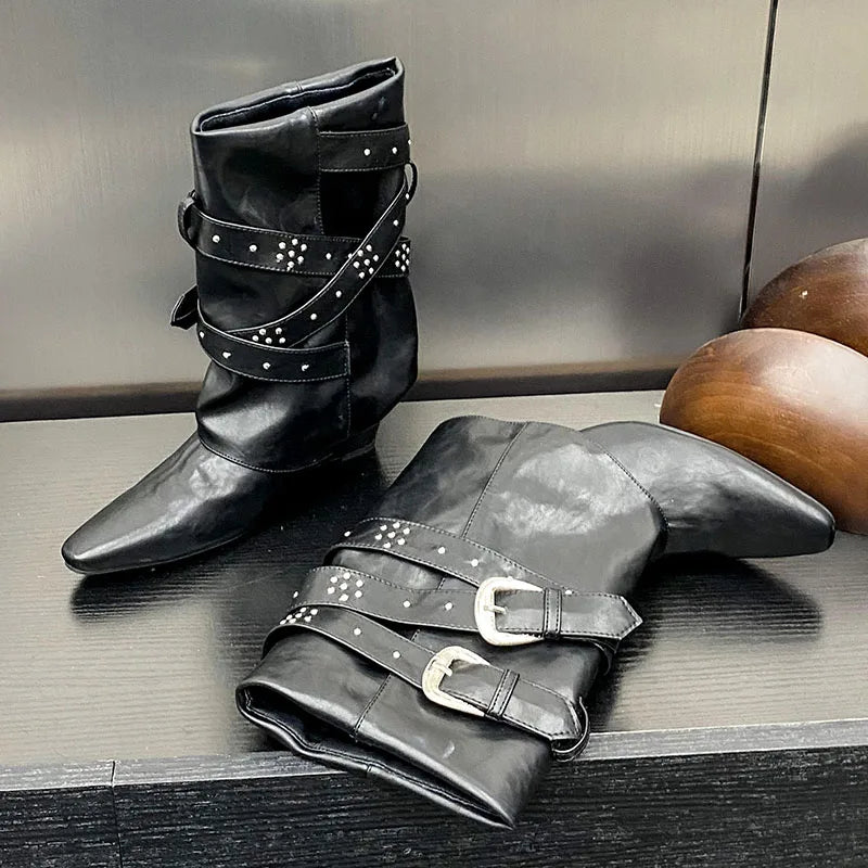 Riveted Autumn Wedged Short Modern Buckled Ankle Boot