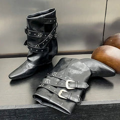 Riveted Autumn Wedged Short Modern Buckled Ankle Boot