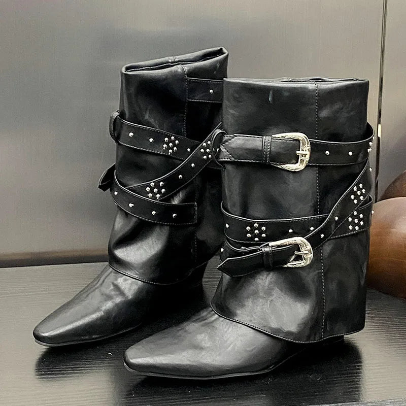 Riveted Autumn Wedged Short Modern Buckled Ankle Boot