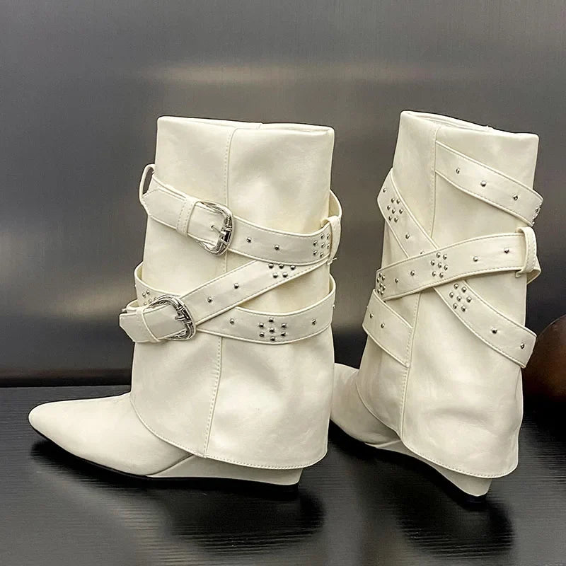 Riveted Autumn Wedged Short Modern Buckled Ankle Boot