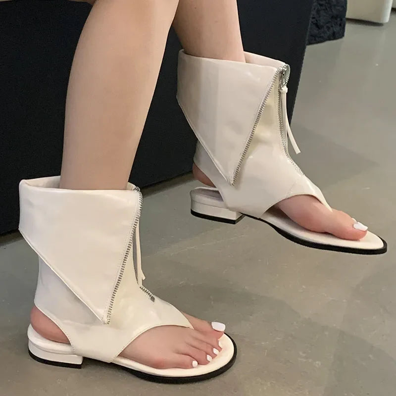 Flat Flip Flop Round Toe Zippered Ankle Boot