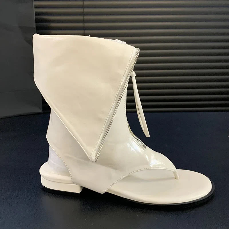 Flat Flip Flop Round Toe Zippered Ankle Boot