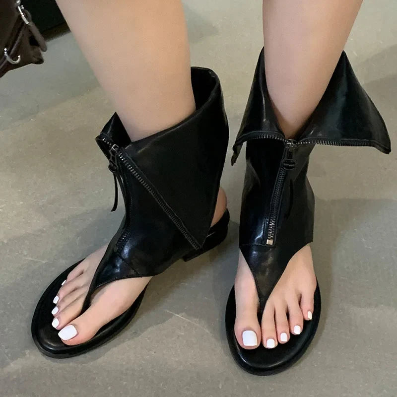 Flat Flip Flop Round Toe Zippered Ankle Boot