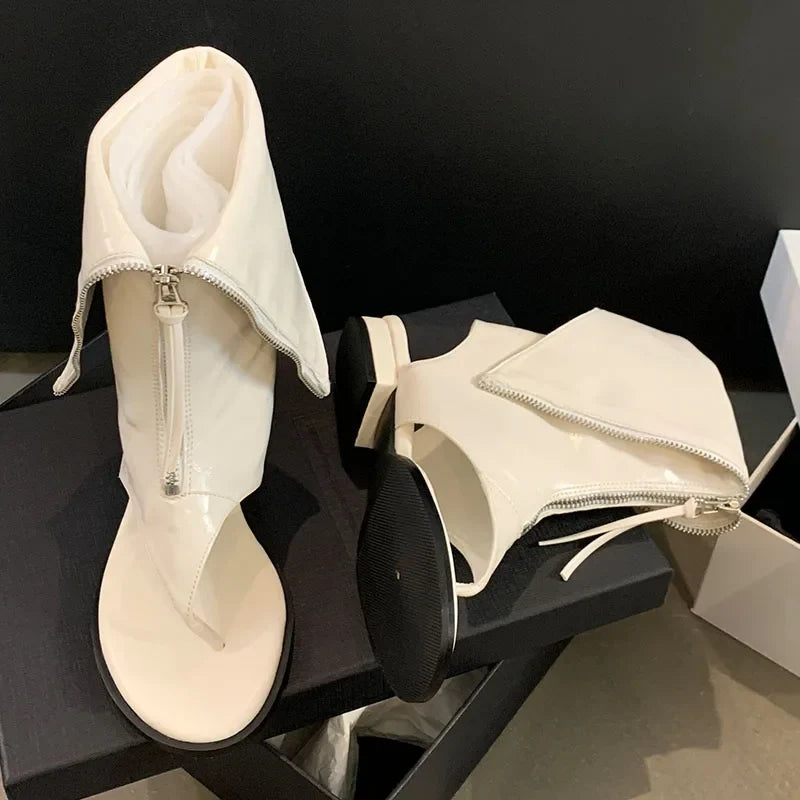 Flat Flip Flop Round Toe Zippered Ankle Boot
