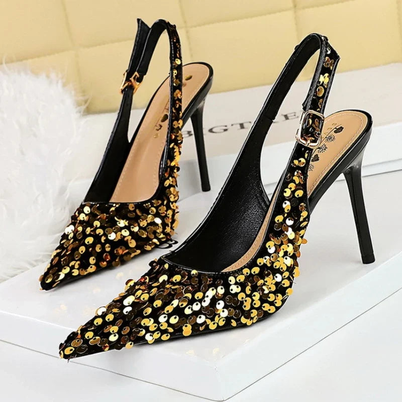 Glitter Pointed Toe Golden Thin Heels Party Dress High Heel