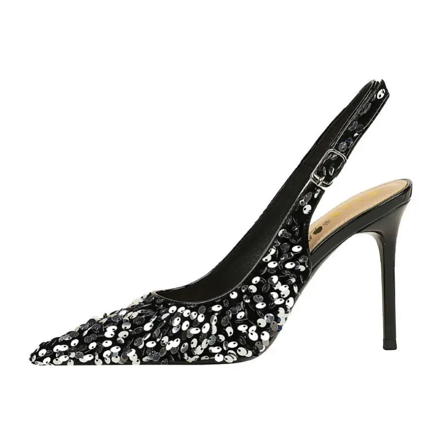Glitter Pointed Toe Golden Thin Heels Party Dress High Heel