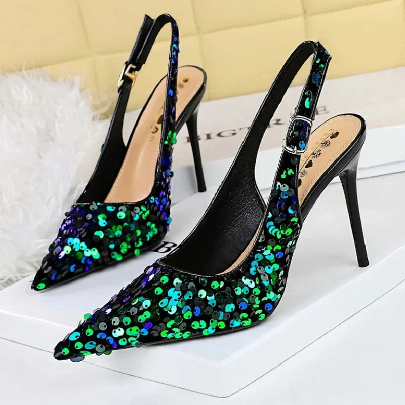 Glitter Pointed Toe Golden Thin Heels Party Dress High Heel