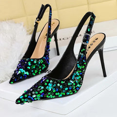 Glitter Pointed Toe Golden Thin Heels Party Dress High Heel