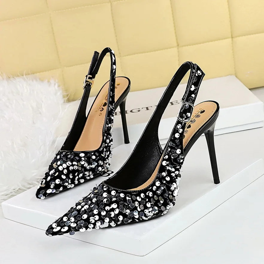 Glitter Pointed Toe Golden Thin Heels Party Dress High Heel