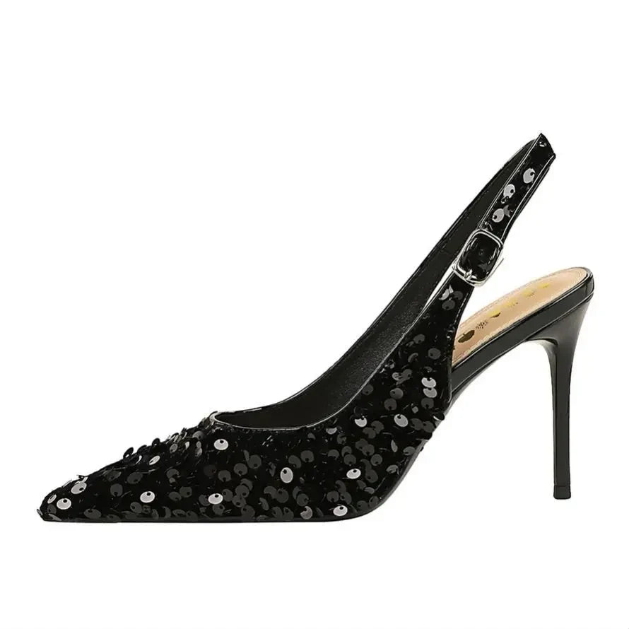 Glitter Pointed Toe Golden Thin Heels Party Dress High Heel
