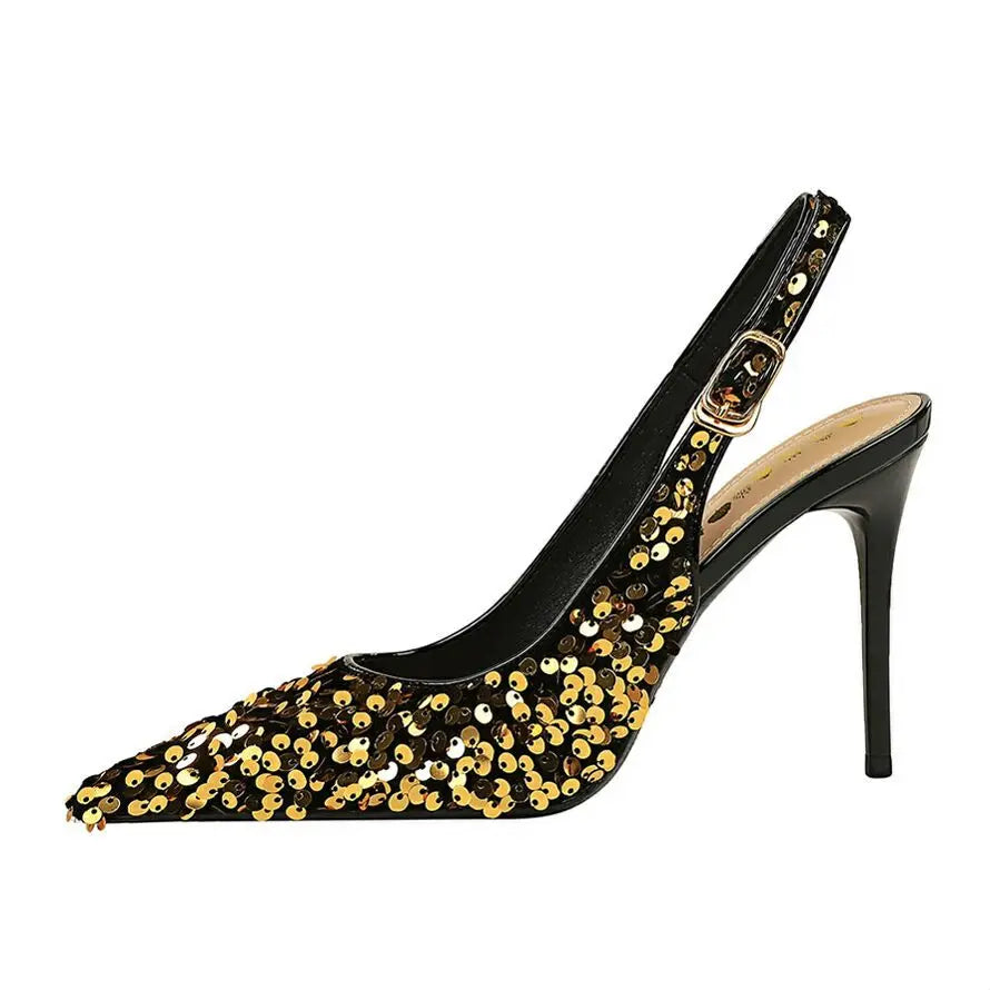 Glitter Pointed Toe Golden Thin Heels Party Dress High Heel