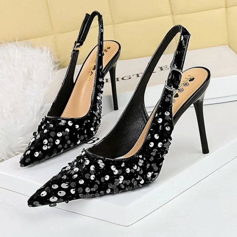 Glitter Pointed Toe Golden Thin Heels Party Dress High Heel