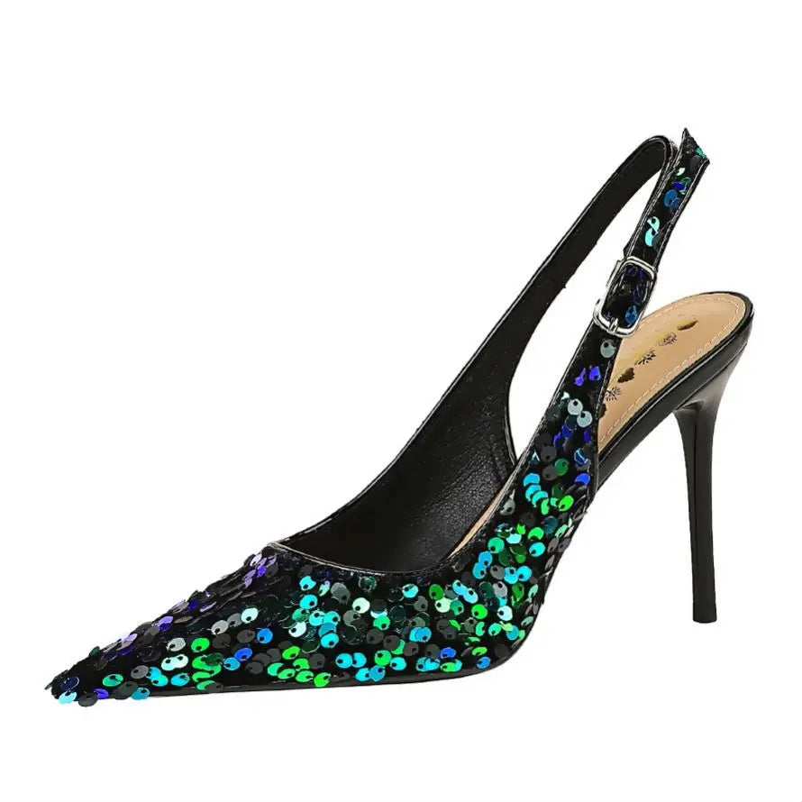 Glitter Pointed Toe Golden Thin Heels Party Dress High Heel