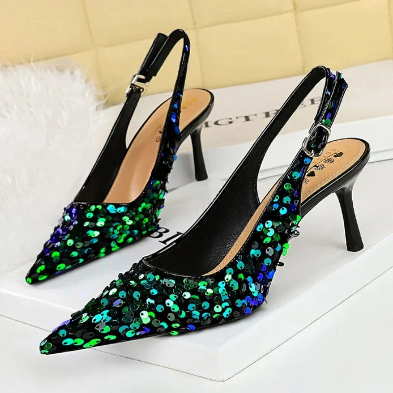 Glitter Pointed Toe Golden Thin Heels Party Dress High Heel