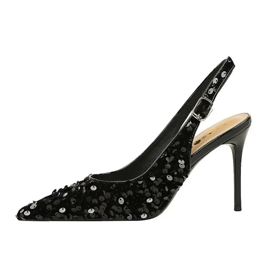 Glitter Pointed Toe Golden Thin Heels Party Dress High Heel