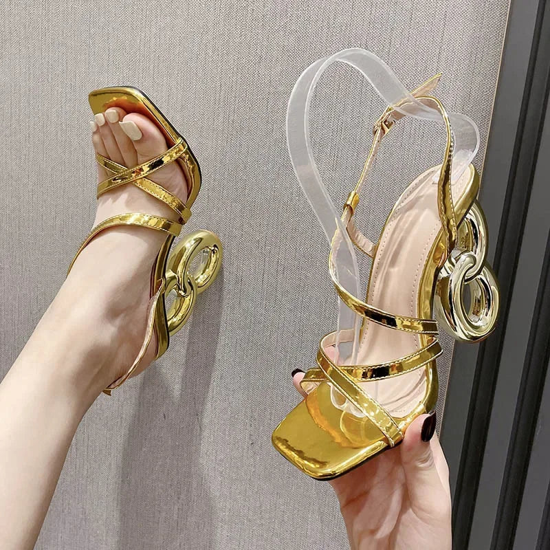 Glamorous Gold Gladiator High Heel Narrow Band Square Toe High Heel