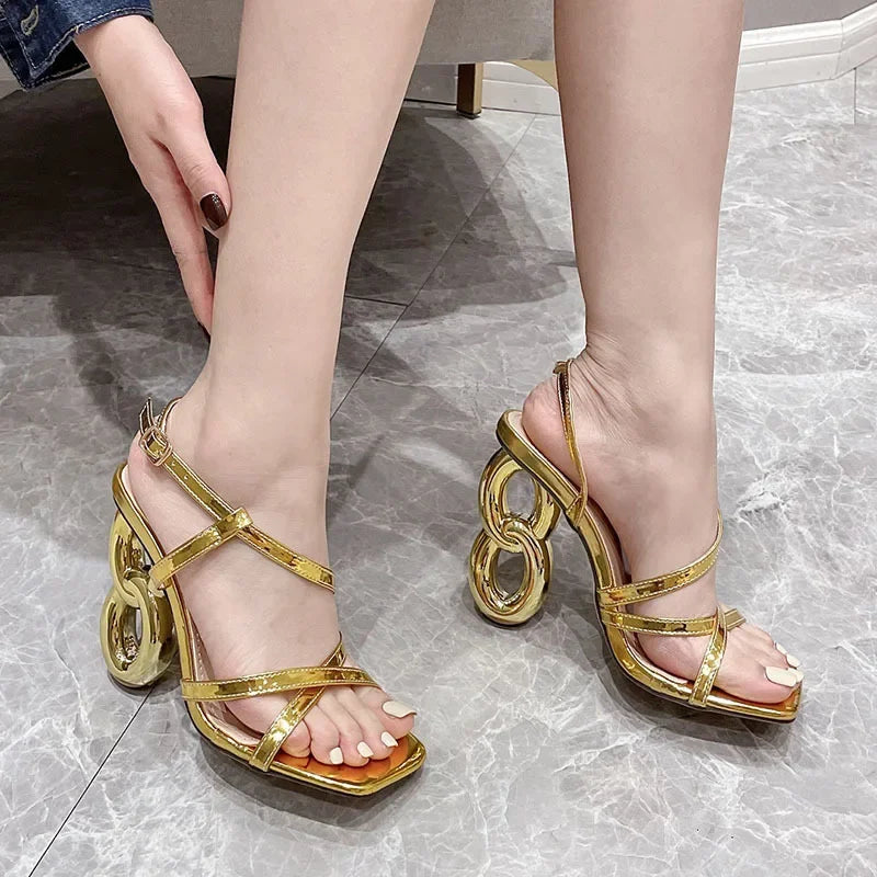 Glamorous Gold Gladiator High Heel Narrow Band Square Toe High Heel