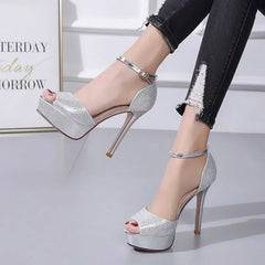 Gold/Silver Peep Toe Platform Buckle Strap Rhinestone High Heel High Heel