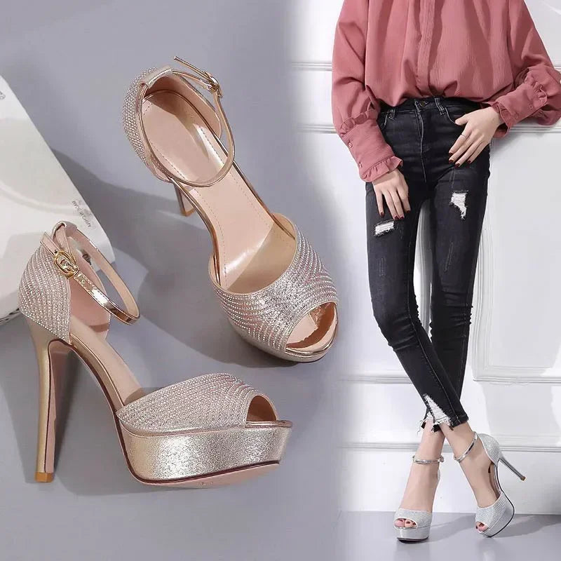 Gold/Silver Peep Toe Platform Buckle Strap Rhinestone High Heel High Heel
