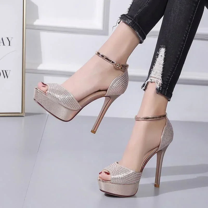 Gold/Silver Peep Toe Platform Buckle Strap Rhinestone High Heel High Heel