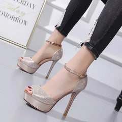 Gold/Silver Peep Toe Platform Buckle Strap Rhinestone High Heel High Heel
