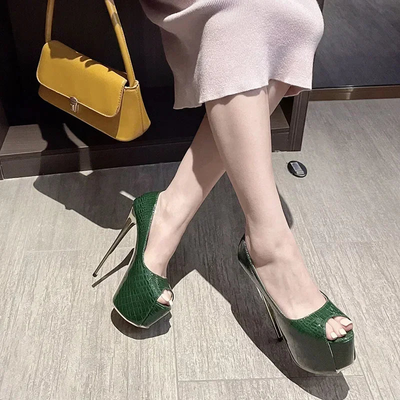 Stylish Green Snake Leather 16CM Thin High Heel Peep Toe High Heel