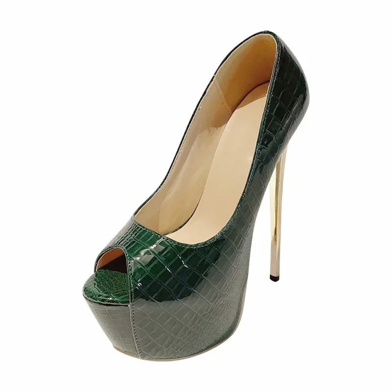 Stylish Green Snake Leather 16CM Thin High Heel Peep Toe High Heel
