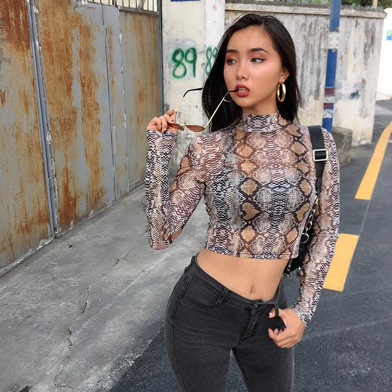Casual Green Snake Print T Shirt Mesh Top