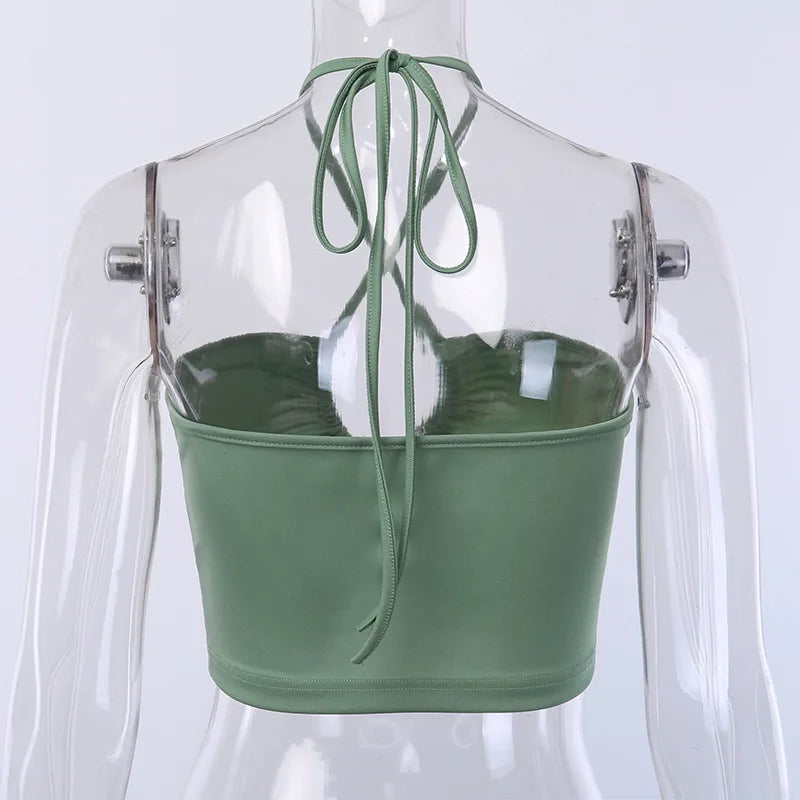 Sexy Solid Lace Up Bow Halter Ruched Crop Top