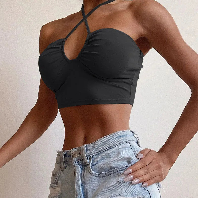 Sexy Solid Lace Up Bow Halter Ruched Crop Top