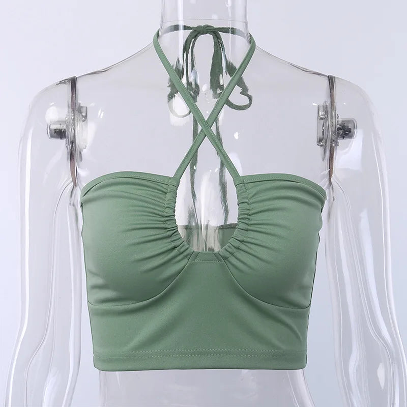 Sexy Solid Lace Up Bow Halter Ruched Crop Top