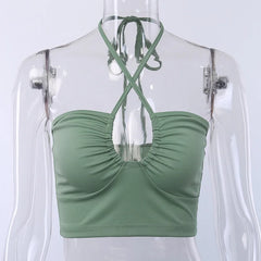 Sexy Solid Lace Up Bow Halter Ruched Crop Top