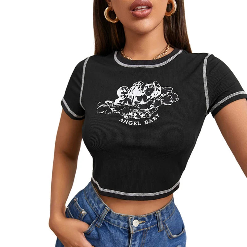 women's fashionable angel letter printed short sleeved round neck contrasting stitching slim fit T-shirt casual crop top