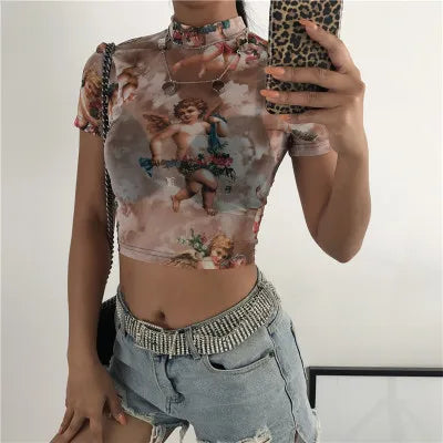 Angel Print Mesh Sexy T Shirt Crop Top