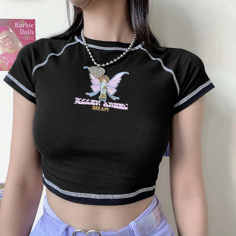 Butterfly Graphic and Letter Printing Stitch Green Crop Tops