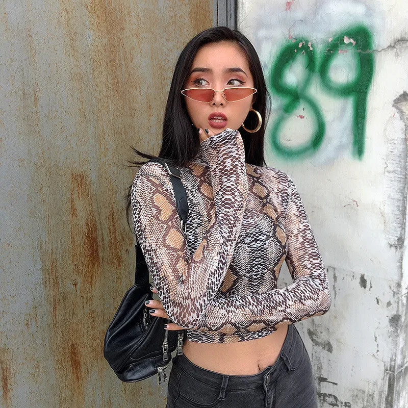 Casual Green Snake Print T Shirt Mesh Top