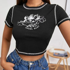 women's fashionable angel letter printed short sleeved round neck contrasting stitching slim fit T-shirt casual crop top